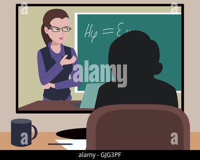 distance learning through Internet, woman teaching physics, cartoon illustration Stock Vector