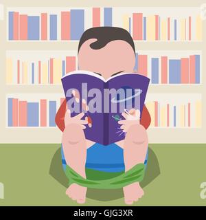 baby boy sitting on pot with scientific book - funny cartoon illustration Stock Vector