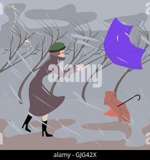 woman walking at stormy weather - funny cartoon illustration Stock Vector