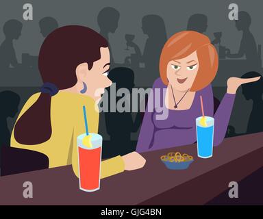 two women talking at bar counter - funny colorful vector illustration Stock Vector