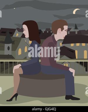couple at loggerheads - man and women sitting on roof at night city landscape in a bad mood Stock Vector