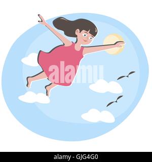 small girl flying in blue sky - cute cartoon illustration Stock Vector