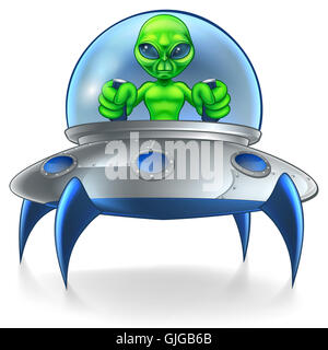A little green man alien cartoon character piloting a flying his saucer spaceship Stock Photo