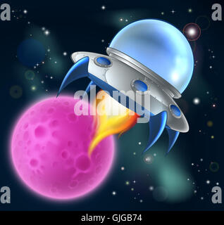 An illustration of a cartoon space ship flying saucer flying through space with a moon or planet in the background Stock Photo