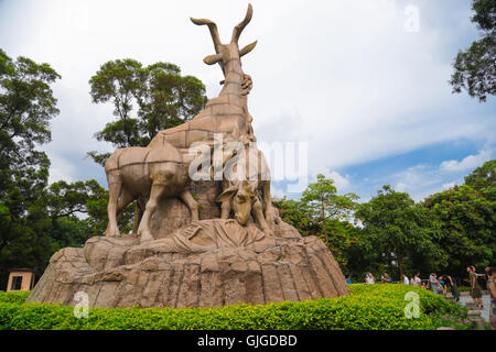 The granite Statue of the Five Goats is located in the west part of Yiexiu Park, Guangzhou, China. Stock Photo