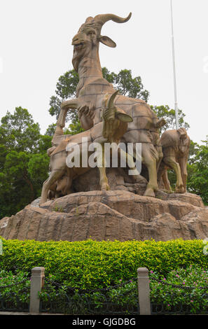 The granite Statue of the Five Goats is located in the west part of Yiexiu Park, Guangzhou, China Stock Photo