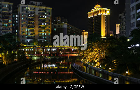 Night scenery of Jinshan river recreation park at the heart of the city Huizhou, guangdong, China. Stock Photo