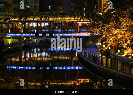 Night scenery of Jinshan river recreation park at the heart of the city Huizhou, guangdong, China. Stock Photo