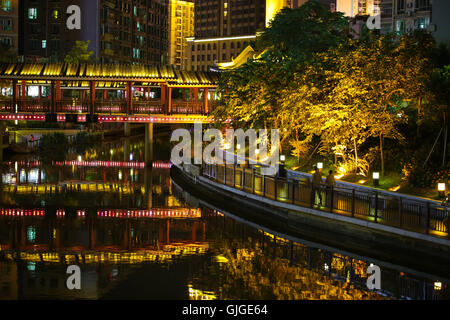 Night scenery of Jinshan river recreation park at the heart of the city Huizhou, guangdong, China. Stock Photo