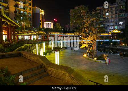 Night scenery of Jinshan river recreation park at the heart of the city Huizhou, guangdong, China. Stock Photo