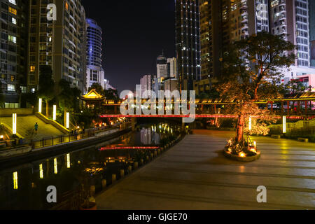 Night scenery of Jinshan river recreation park at the heart of the city Huizhou, guangdong, China. Stock Photo