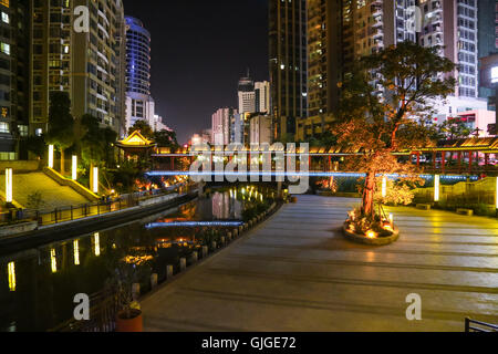 Night scenery of Jinshan river recreation park at the heart of the city Huizhou, guangdong, China. Stock Photo