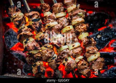 Barbecue pork kebabs on the hot grill close-up. Flames of fire and coals in the background Stock Photo