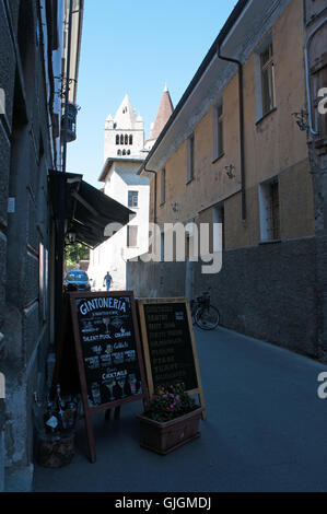 Aosta, Italy: view from the alleys of the capital of the autonomous region of the Aosta Valley, in the northwest of Italy Stock Photo