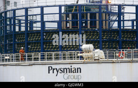 The special ship 'Cable Enterprise' laying a 25 kilometer long cable ...