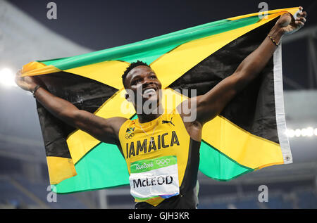 Rio de Janeiro, Brazil. 16th Aug, 2016. Omar McLeod of Jamaica celebrates after winning the Men's 110m Hurdles Final of the Athletic, Track and Field events during the Rio 2016 Olympic Games at Olympic Stadium in Rio de Janeiro, Brazil, 16 August 2016. Photo: Michael Kappeler/dpa/Alamy Live News Stock Photo