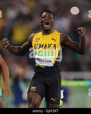 Rio de Janeiro, Brazil. 16th Aug, 2016. Omar McLeod of Jamaica celebrates after winning the Men's 110m Hurdles Final of the Athletic, Track and Field events during the Rio 2016 Olympic Games at Olympic Stadium in Rio de Janeiro, Brazil, 16 August 2016. Photo: Michael Kappeler/dpa/Alamy Live News Stock Photo