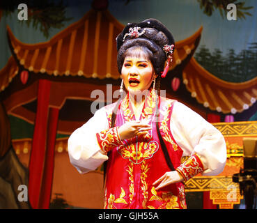 August 16, 2016 - A traditional Chu Chow Opera singer act on stage. Chinese celebrate GHOST FESTIVAL annually every year during July on LUNAR CALENDAR when, it is believed that the spirits are allowed to return to the Human World and stay for a month. During this period, food and offerings are given to the homeless spirits, otherwise called Hungry Ghosts. Meantime spirits are also entertained by actors offering stage play usually in the form of Chu Chow Opera. These acts are considered as merciful and bring merits to those who made contributions. Aug 16, 2016. Hong Kong. Liau Chung Ren/ZUMA (C Stock Photo