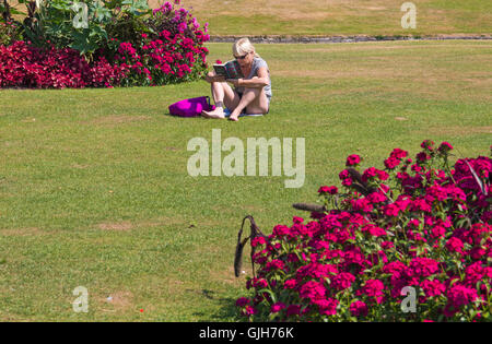 Bournemouth, Dorset, UK. 17th Aug, 2016. Woman relaxing reading 'In a Dark Dark Wood' book in Bournemouth Lower Gardens enjoying the sunshine on a glorious hot sunny day. Credit:  Carolyn Jenkins/Alamy Live News Stock Photo
