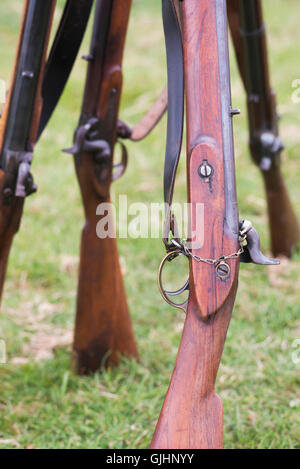 Rifles in the Union soldiers camp of a American Civil war reenactment at Spetchley Park, Worcestershire, England Stock Photo