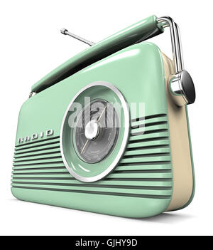 Perspective view 3D render of a Classic Green Retro Style Radio. Plastic. Stock Photo