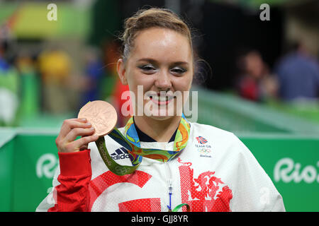 Great Britain's Amy Tinkler celebrates a bronze medal in the Women's Floor Exercise final at the Rio Olympic Arena on the eleventh day of the Rio Olympics Games, Brazil. Stock Photo