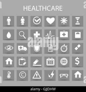 Vector flat icons set and graphic design elements. Illustration with medical, medicine, healthcare outline symbols. Stock Vector