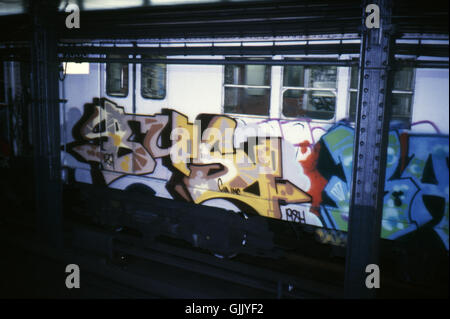 Illegal graffiti on a subway car in New York City. The mural was done by the subway artist Dondi. Stock Photo