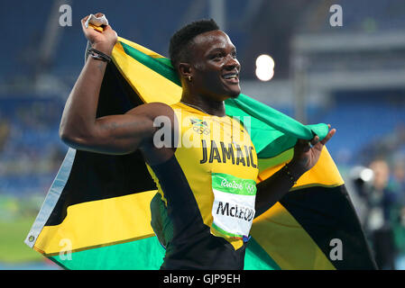 Jamaica's Omar McLeod celebrates after winning gold in the Men's 110m Hurdles Final at the Olympic Stadium on the eleventh day of the Rio Olympics Games, Brazil. Picture date: Tuesday August 16, 2016. Photo credit should read: Mike Egerton/PA Wire. EDITORIAL USE ONLY Stock Photo