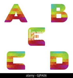 Colorful alphabet. Serie of letters formed by geometric shapes, triangles. White background. Isolated. Letter a, b, c, d, e. Stock Vector