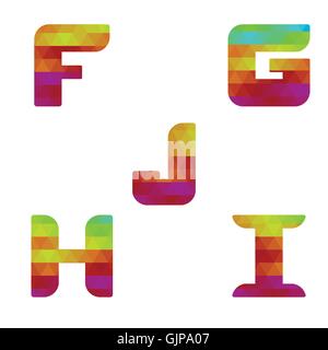 Colorful alphabet. Serie of letters formed by geometric shapes, triangles. White background. Isolated. Letter f, g, h, i, j. Stock Vector
