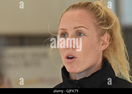 Auckland, New Zealand. 16th Aug, 2016. Silver Ferns vice captain Laura Langman speaks to the media during the media announcement. The Silver Ferns is scheduled to play against England on 27 Aug in Auckland. © Shirley Kwok/Pacific Press/Alamy Live News Stock Photo