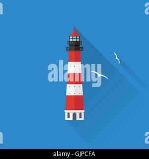 Flat design long shadow lighthouse icon on blue background Stock Vector