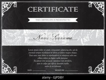 Horizontal black dark certificate and diploma template with vintage, floral, filigree and cute pattern for winner for achievemen Stock Vector