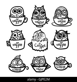 Hand  Drawn Funny Owl with Cups of Coffee. Owls set for print, fabric, wrap and illustration. Vector Stock Vector