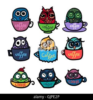 Hand  Drawn Funny Owl with Cups of Coffee. Owls set for print, fabric, wrap and illustration. Vector Stock Vector