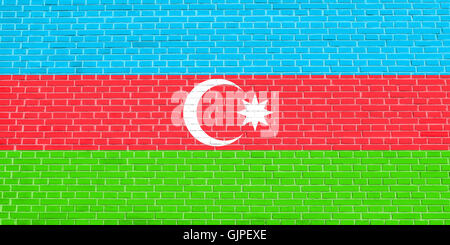 Flag of Azerbaijan on brick wall texture background. Azerbaijani national flag. Stock Photo