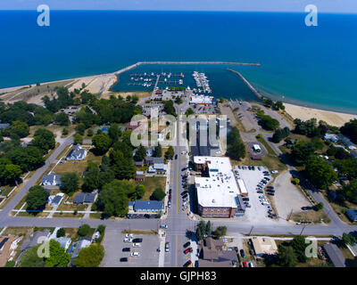 Aerial view of Small town man made harbor on Lake Huron at Lexington Michigan on Lake Huron Stock Photo