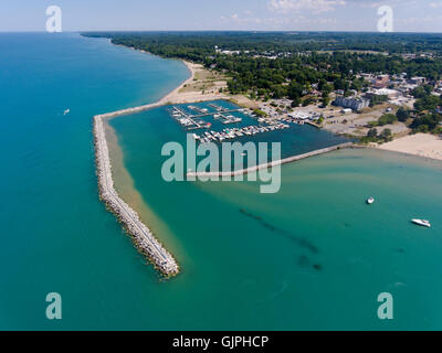 Aerial view of Small town man made harbor on Lake Huron at Lexington Michigan on Lake Huron Stock Photo