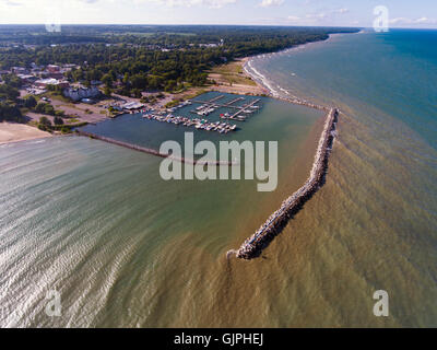 Aerial view of Small town man made harbor on Lake Huron at Lexington Michigan on Lake Huron Stock Photo