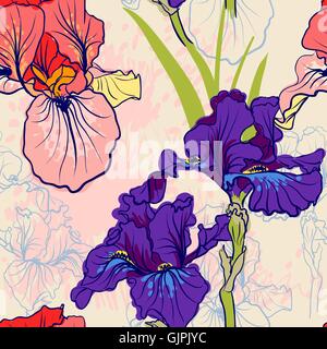 Seamless pattern with decorative  iris flower in retro colors. Stock Vector
