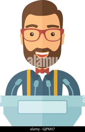 Speaker delivers a speech with microphone. Stock Vector