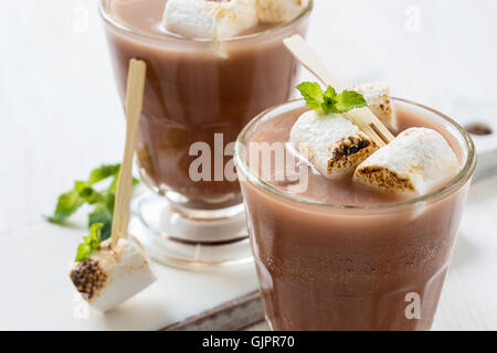 Homemade chocolate egg cream, beverage with milk, soda water and chocolate syrup with toasted marshmallows Stock Photo