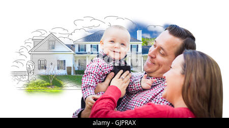 Happy Young Family With Baby Over House Drawing Isolated on a White Background. Stock Photo