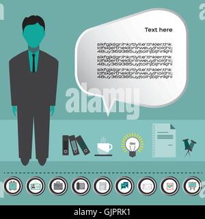 Business idea infographic with icons, person, coffee, folders and papers, flat design. Digital vector image Stock Vector