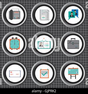 Business icons set, flat style over silver background with white grid. Digital vector image Stock Vector