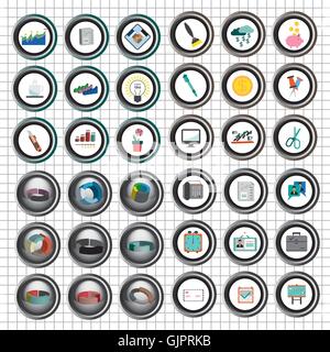 Business icons set, flat style over white background with silver grid. Digital vector image Stock Vector