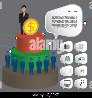 Business infographic with icons, persons, 3d pie chart and badge, flat design. Digital vector image Stock Vector