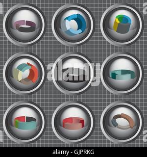 Business 3d pie charts set, flat style over silver background with white grid. Digital vector image Stock Vector