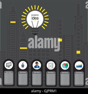 Business idea design with bulb and city buildings icons, flat design. Digital vector image Stock Vector